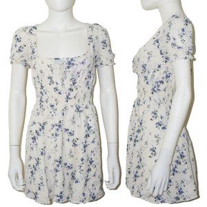 Reformation White Floral Mini Dress with Blue Print